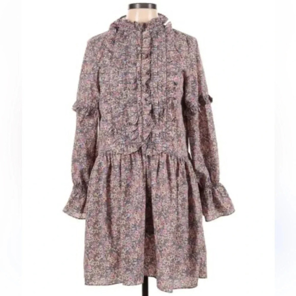 Walter Baker Prairie Ruffle Floral Long Sleeve Dress Grey Pink Size 0 - Picture 1 of 6